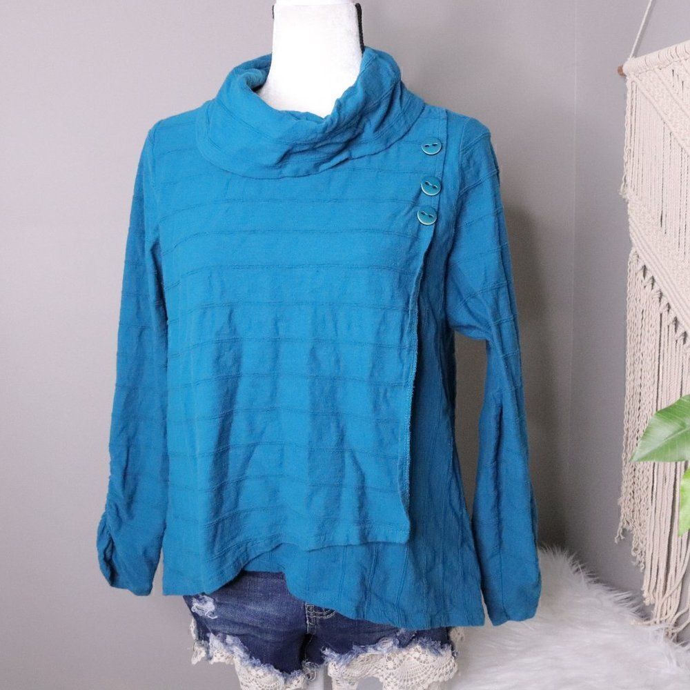 Habitat Womens S Teal Cowl Neck Tunic Top Asymmetrical Button Cotton - Picture 2 of 8